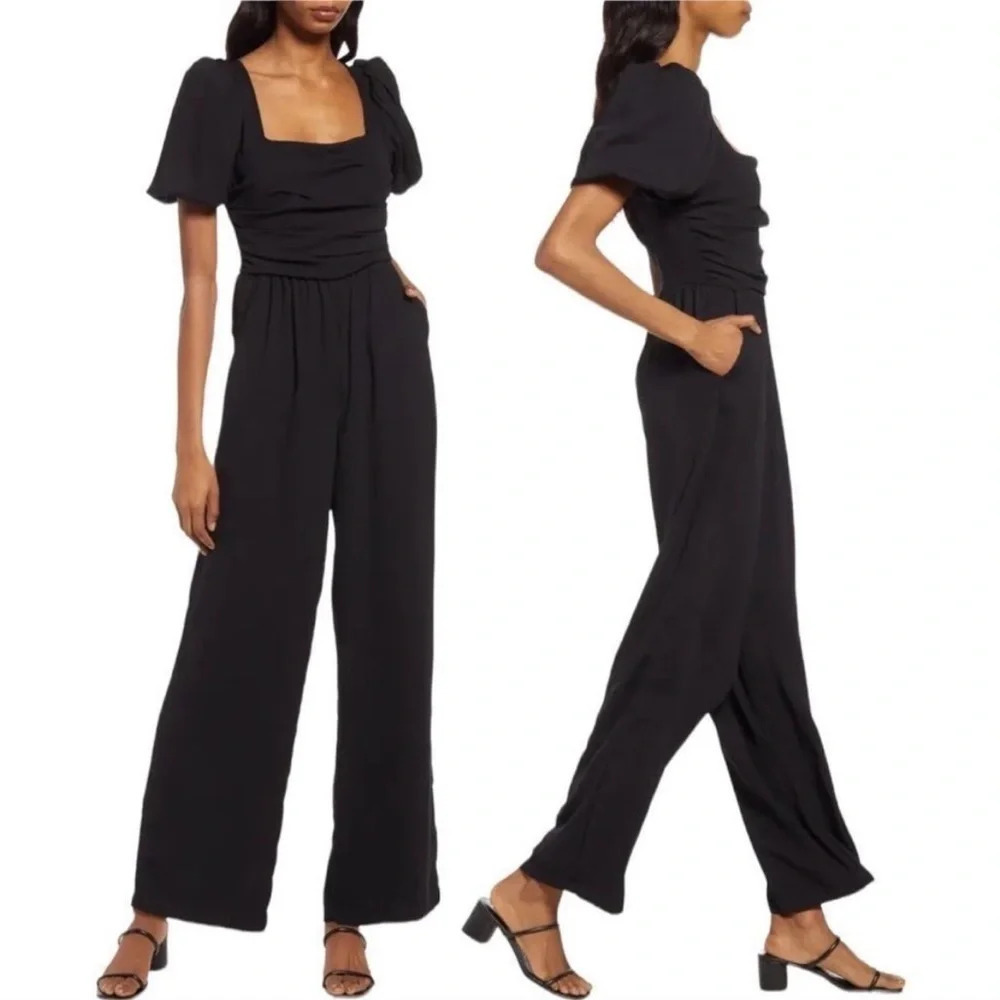 NORDSTROM CHELSEA28 Puff Sleeve Square Neckline Wide Leg Chic Jumpsuit Romper - Picture 3 of 14